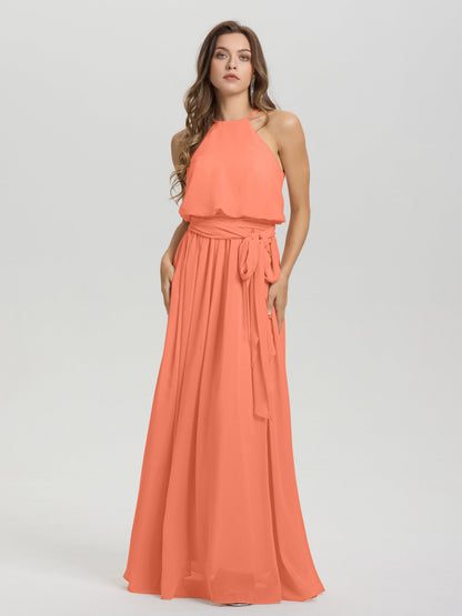 Halter Scoop Neck Sleeveless Floor Length Chiffon Bridesmaid Dress with Sashes