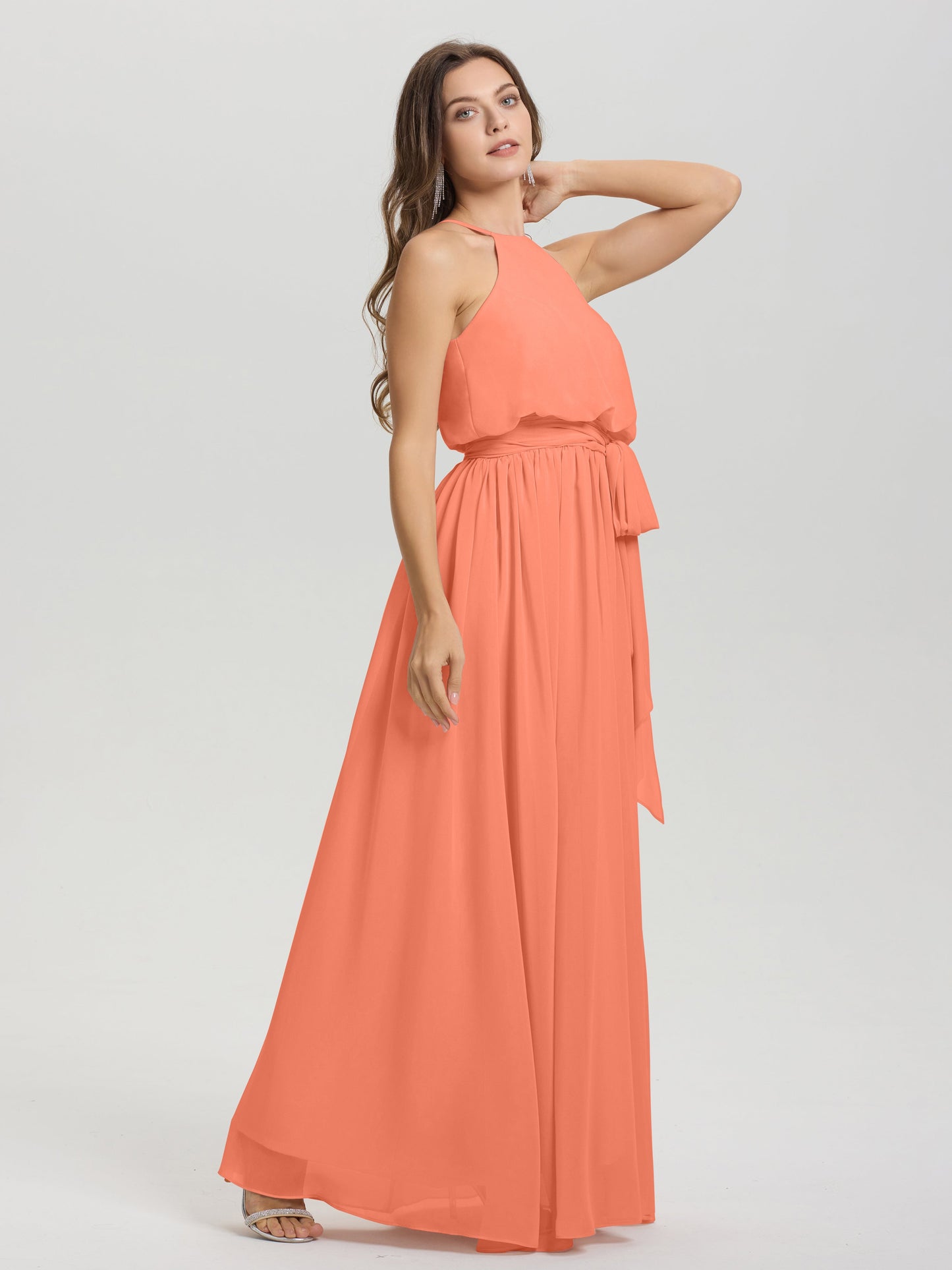 Halter Scoop Neck Sleeveless Floor Length Chiffon Bridesmaid Dress with Sashes