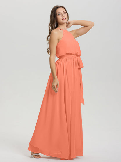 Halter Scoop Neck Sleeveless Floor Length Chiffon Bridesmaid Dress with Sashes