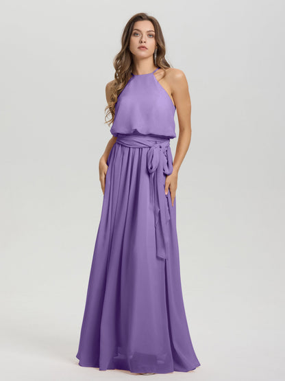 Halter Scoop Neck Sleeveless Floor Length Chiffon Bridesmaid Dress with Sashes