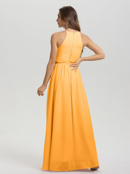 Halter Scoop Neck Sleeveless Floor Length Chiffon Bridesmaid Dress with Sashes