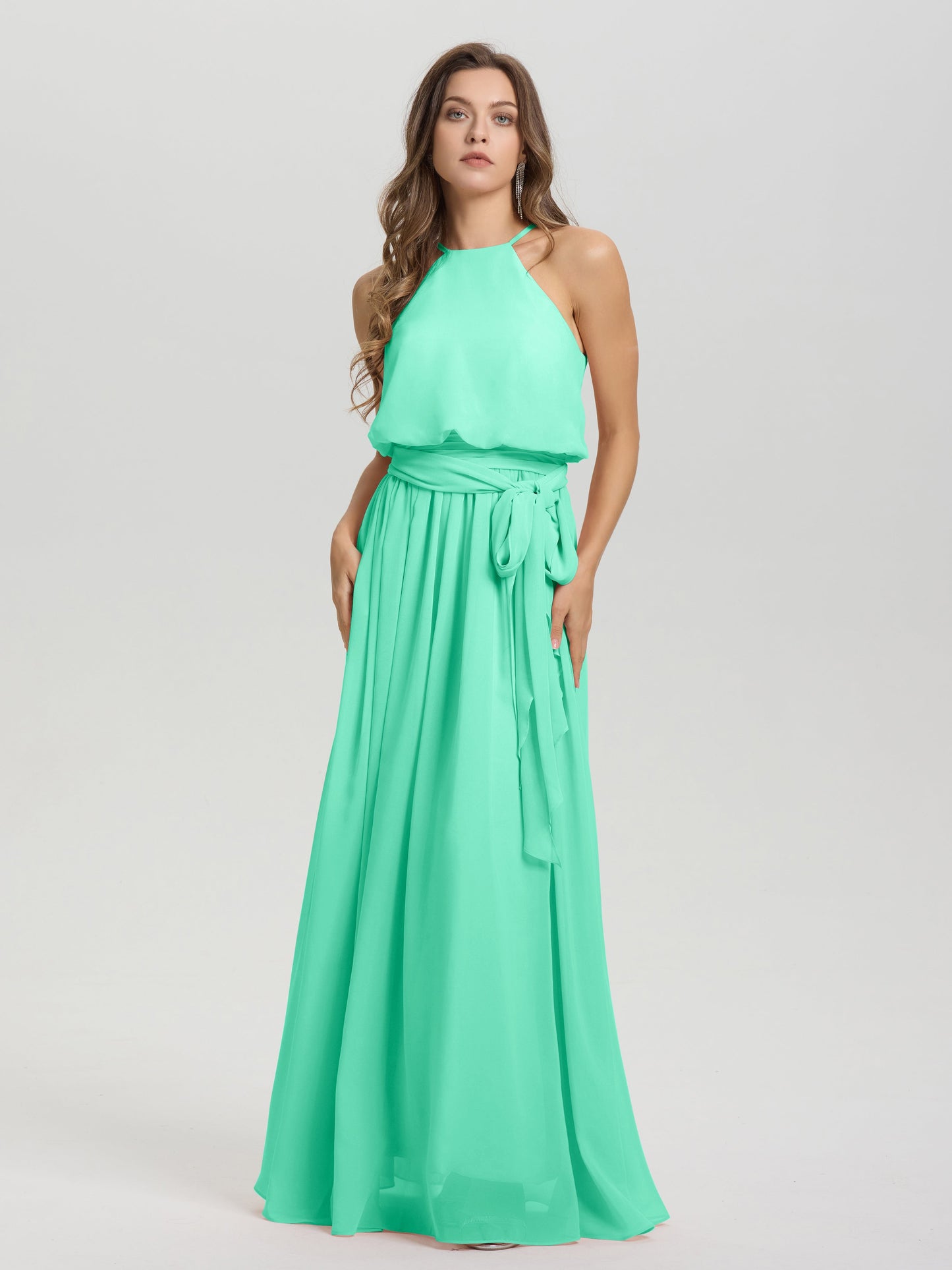 Halter Scoop Neck Sleeveless Floor Length Chiffon Bridesmaid Dress with Sashes