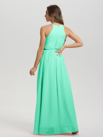 Halter Scoop Neck Sleeveless Floor Length Chiffon Bridesmaid Dress with Sashes