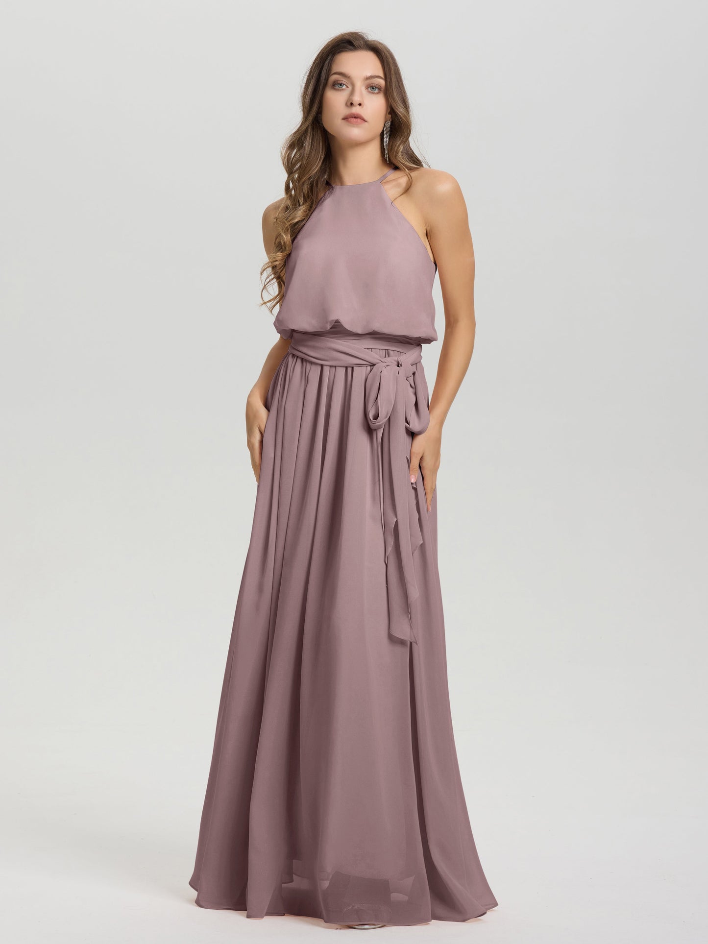 Halter Scoop Neck Sleeveless Floor Length Chiffon Bridesmaid Dress with Sashes