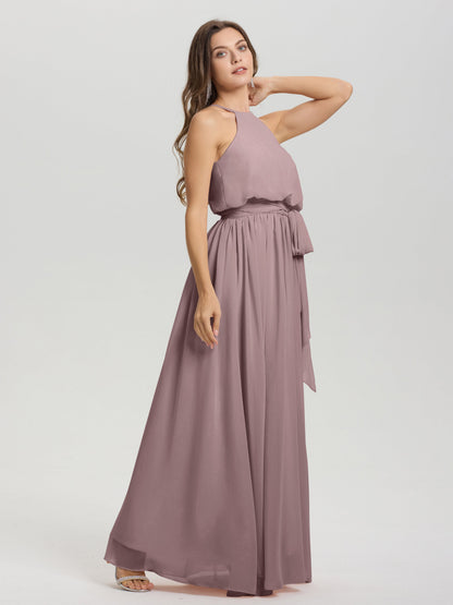 Halter Scoop Neck Sleeveless Floor Length Chiffon Bridesmaid Dress with Sashes