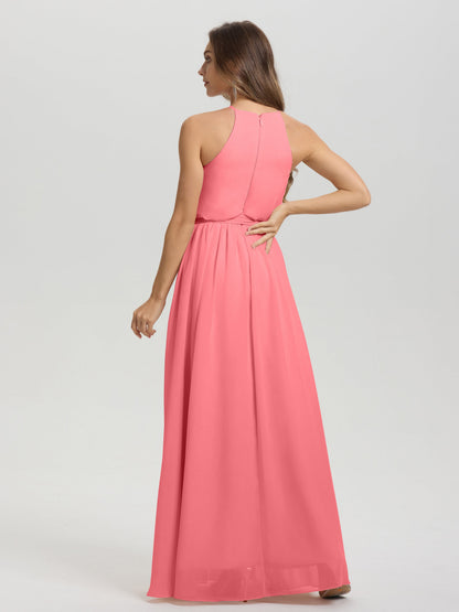 Halter Scoop Neck Sleeveless Floor Length Chiffon Bridesmaid Dress with Sashes