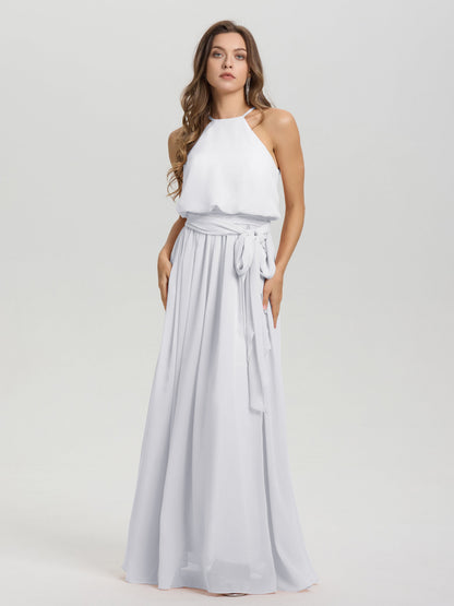 Halter Scoop Neck Sleeveless Floor Length Chiffon Bridesmaid Dress with Sashes