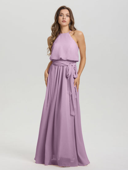 Halter Scoop Neck Sleeveless Floor Length Chiffon Bridesmaid Dress with Sashes