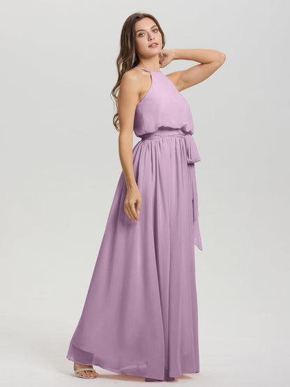 Halter Scoop Neck Sleeveless Floor Length Chiffon Bridesmaid Dress with Sashes