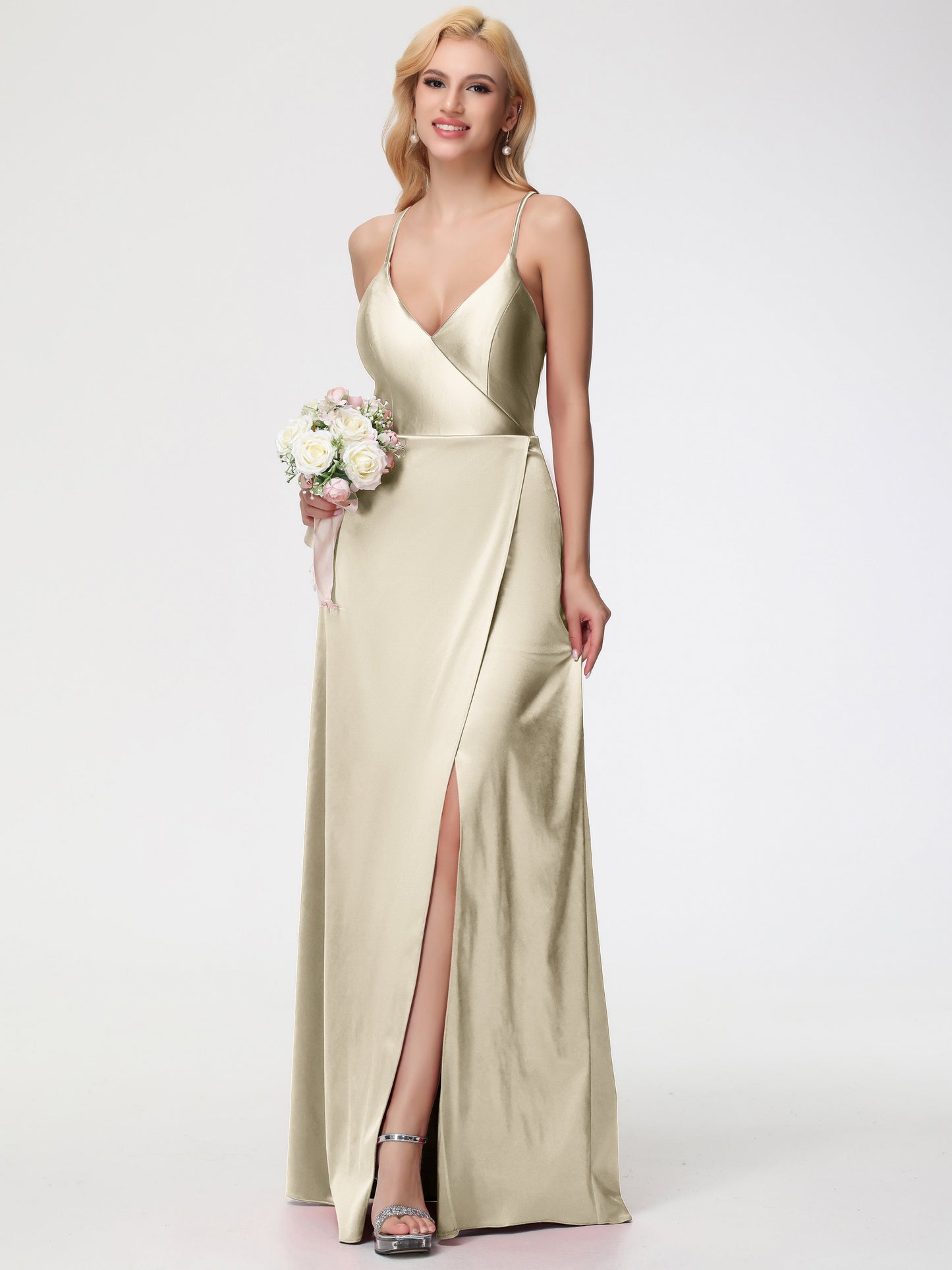 Champagne Gold Bridesmaid Dresses Halter Straps V-Neck Lace Up Back Stretch Satin Bridesmaid Dress With Slit