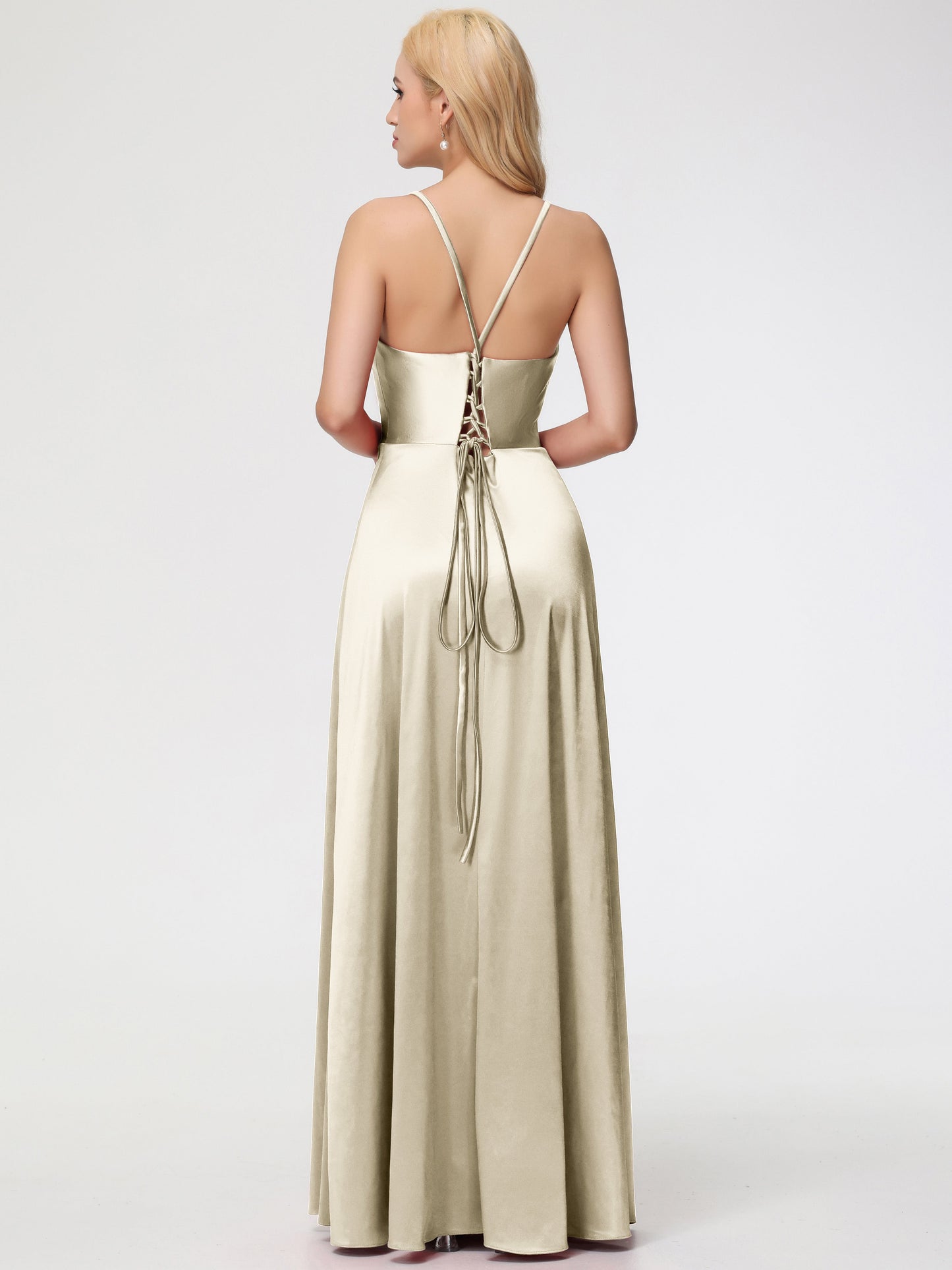 Champagne Gold Bridesmaid Dresses Halter Straps V-Neck Lace Up Back Stretch Satin Bridesmaid Dress With Slit