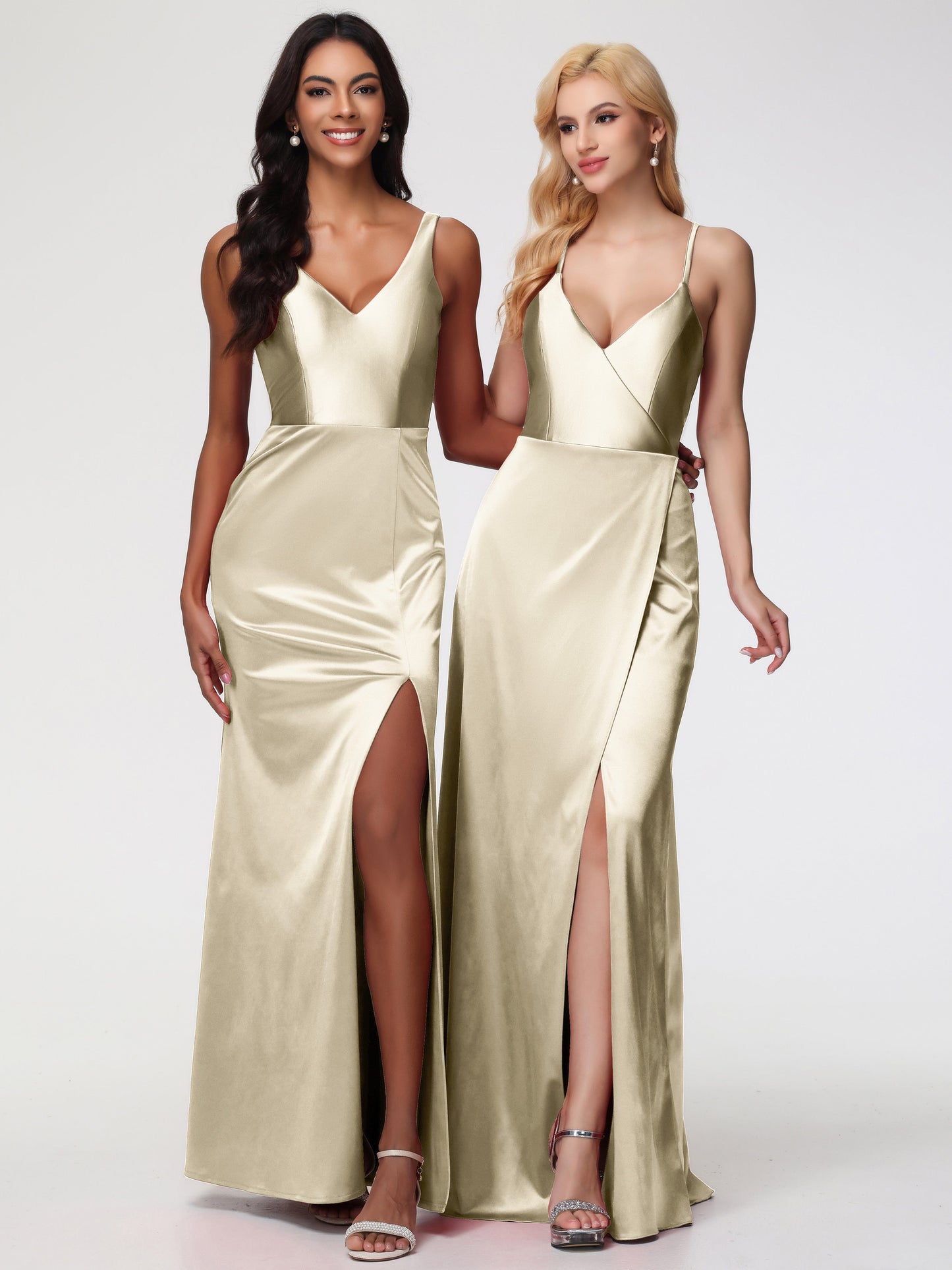 Champagne Gold Bridesmaid Dresses Halter Straps V-Neck Lace Up Back Stretch Satin Bridesmaid Dress With Slit