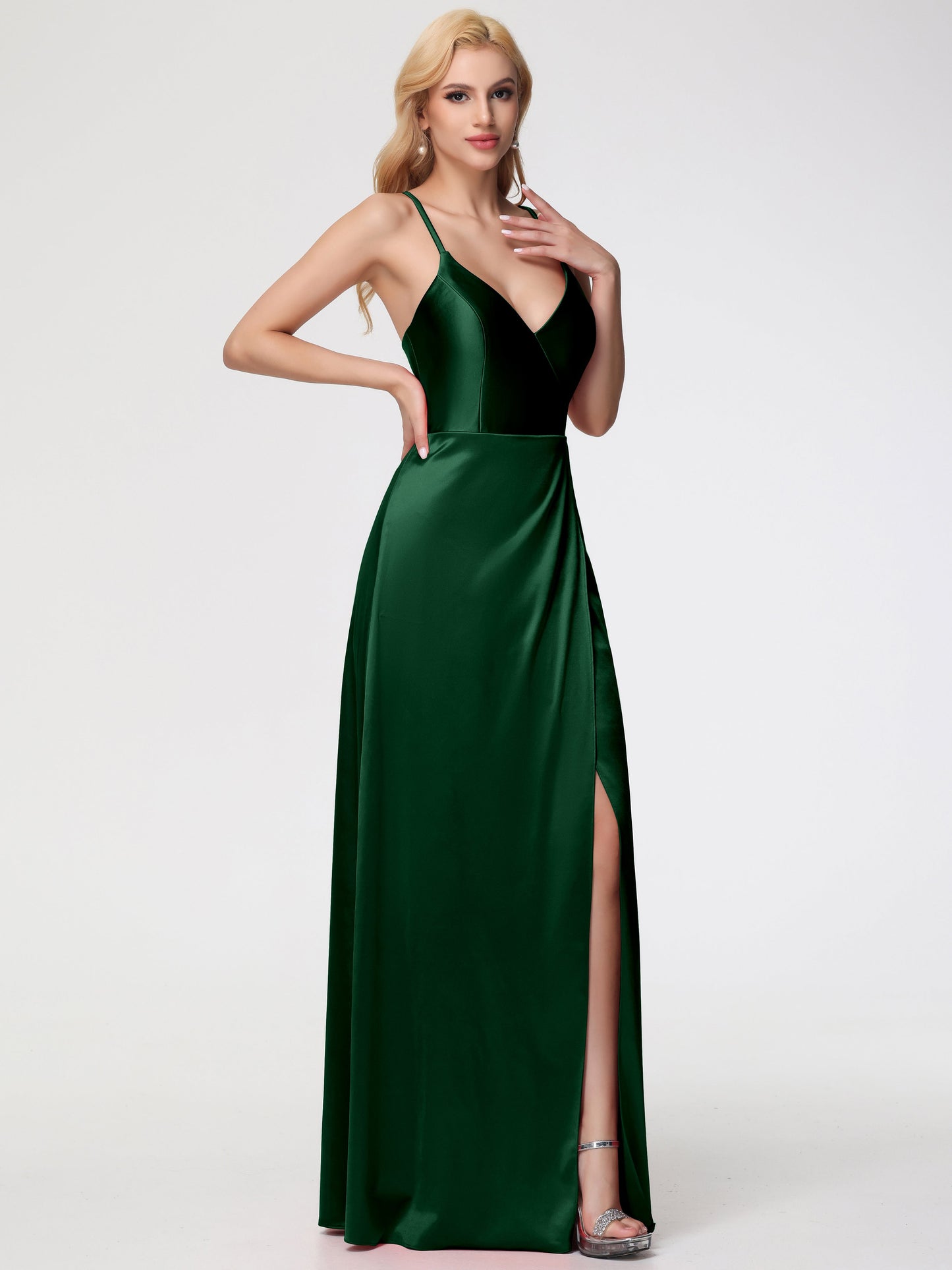 Dark Green Bridesmaid Halter Straps V-Neck Lace Up Back Stretch Satin Bridesmaid Dress With Slit