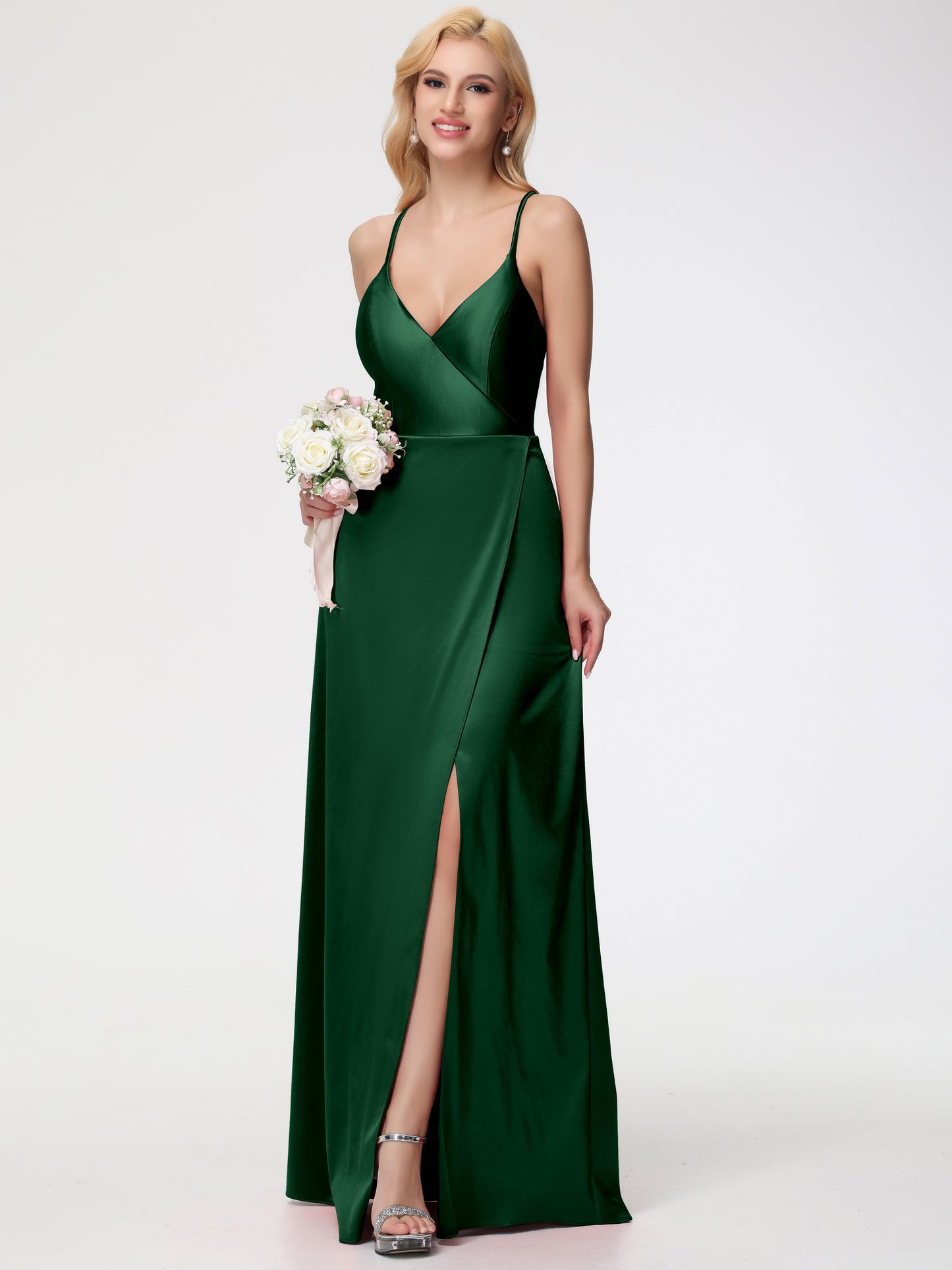 Dark Green Bridesmaid Halter Straps V-Neck Lace Up Back Stretch Satin Bridesmaid Dress With Slit