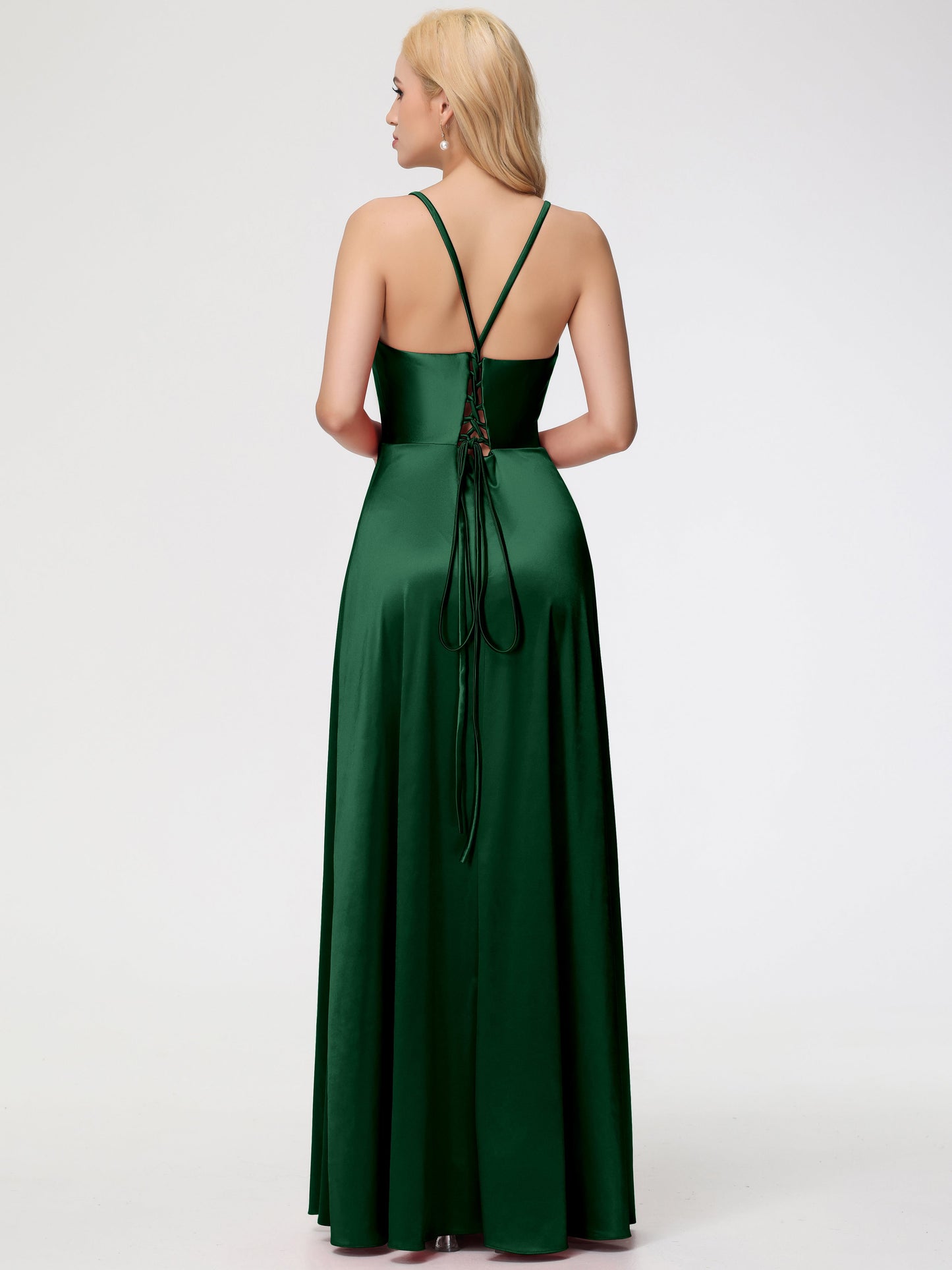 Dark Green Bridesmaid Halter Straps V-Neck Lace Up Back Stretch Satin Bridesmaid Dress With Slit