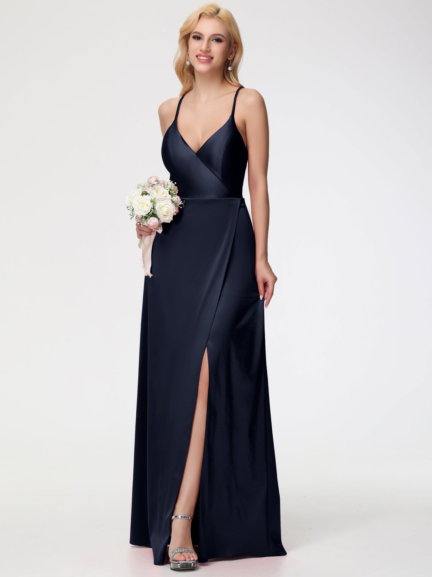 Dark Navy Bridesmaid Dresses Halter Straps V-Neck Lace Up Back Stretch Satin Bridesmaid Dress With Slit