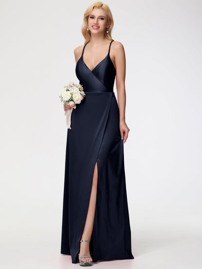 Dark Navy Bridesmaid Dresses Halter Straps V-Neck Lace Up Back Stretch Satin Bridesmaid Dress With Slit
