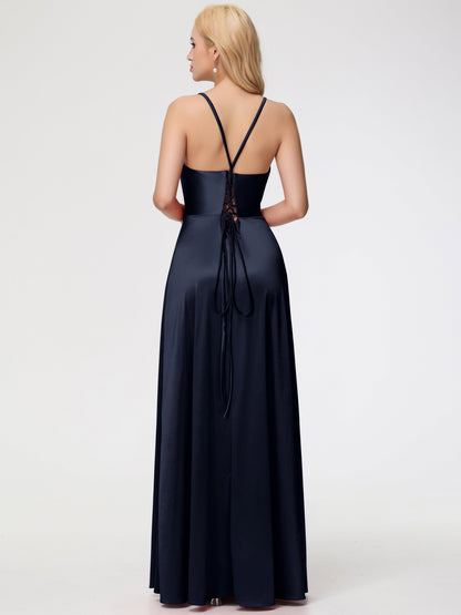 Dark Navy Bridesmaid Dresses Halter Straps V-Neck Lace Up Back Stretch Satin Bridesmaid Dress With Slit