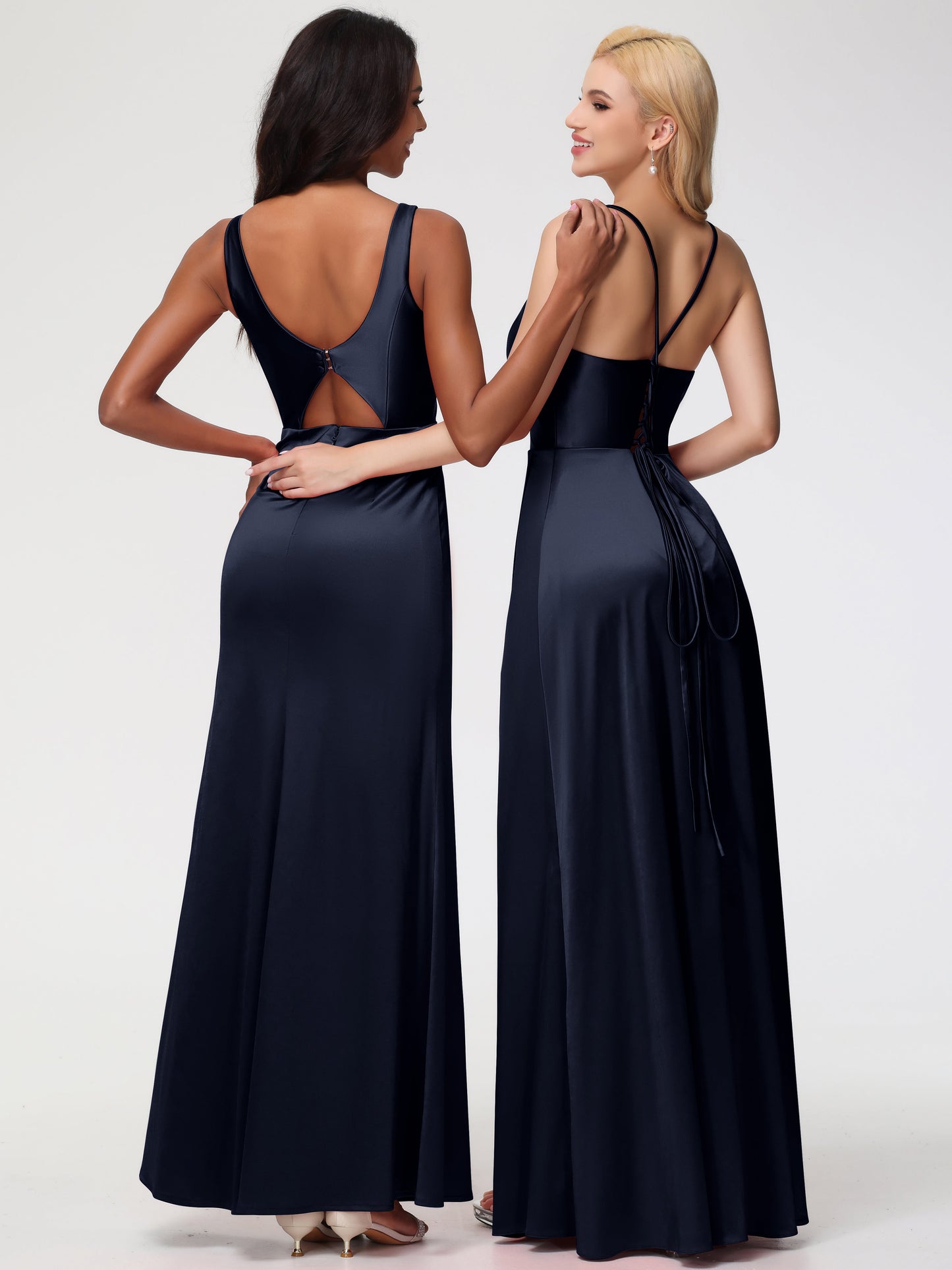 Dark Navy Bridesmaid Dresses Halter Straps V-Neck Lace Up Back Stretch Satin Bridesmaid Dress With Slit
