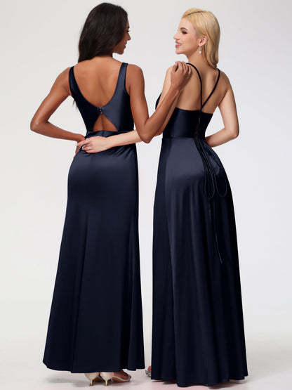 Dark Navy Bridesmaid Dresses Halter Straps V-Neck Lace Up Back Stretch Satin Bridesmaid Dress With Slit