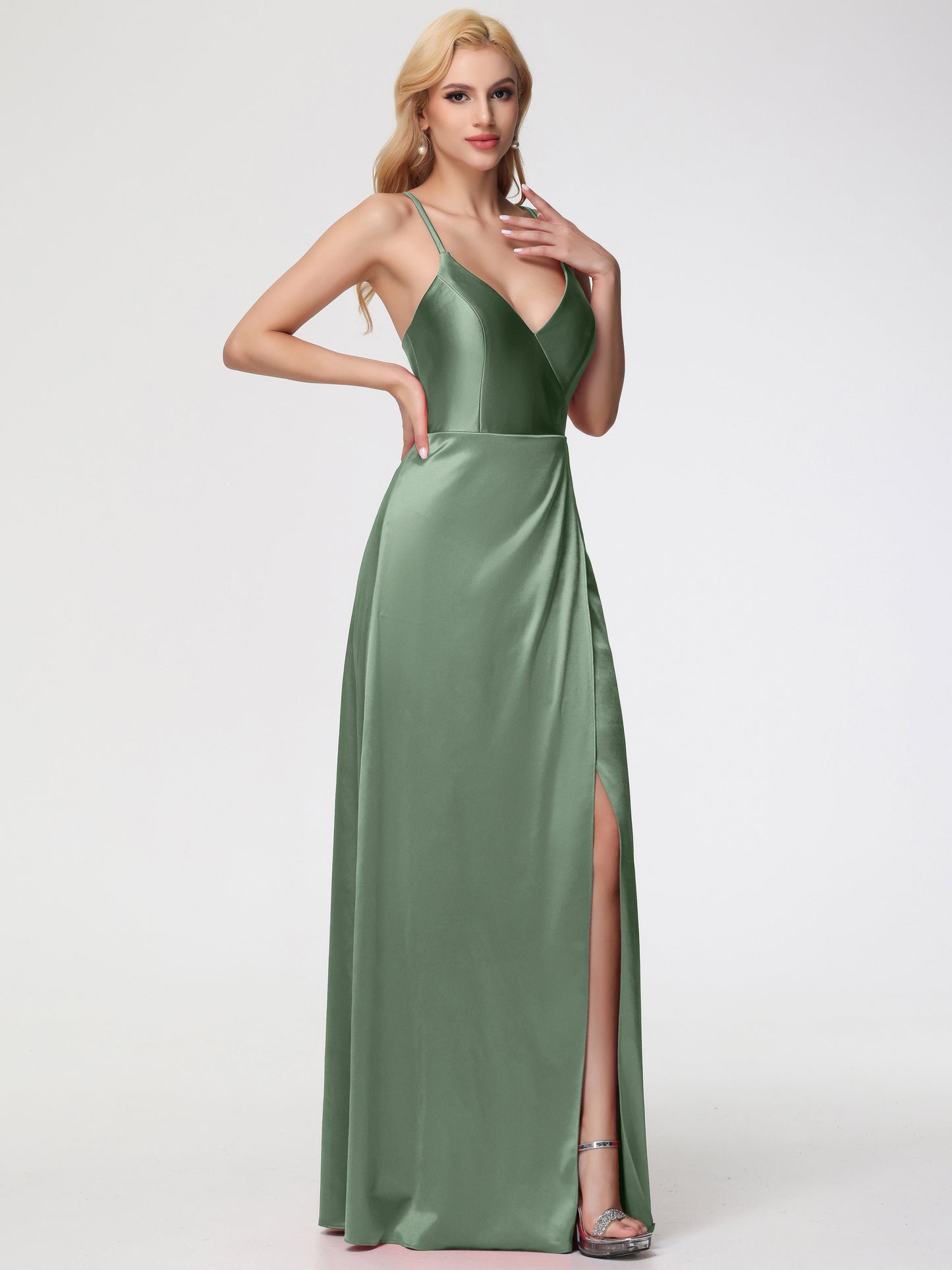 Bridesmaid Dresses Dusty Sage Halter Straps V-Neck Lace Up Back Stretch Satin Bridesmaid Dress With Slit