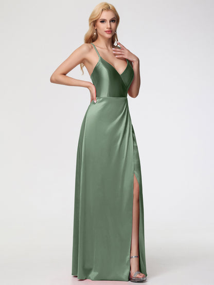 Bridesmaid Dresses Dusty Sage Halter Straps V-Neck Lace Up Back Stretch Satin Bridesmaid Dress With Slit