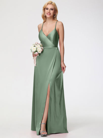 Bridesmaid Dresses Dusty Sage Halter Straps V-Neck Lace Up Back Stretch Satin Bridesmaid Dress With Slit