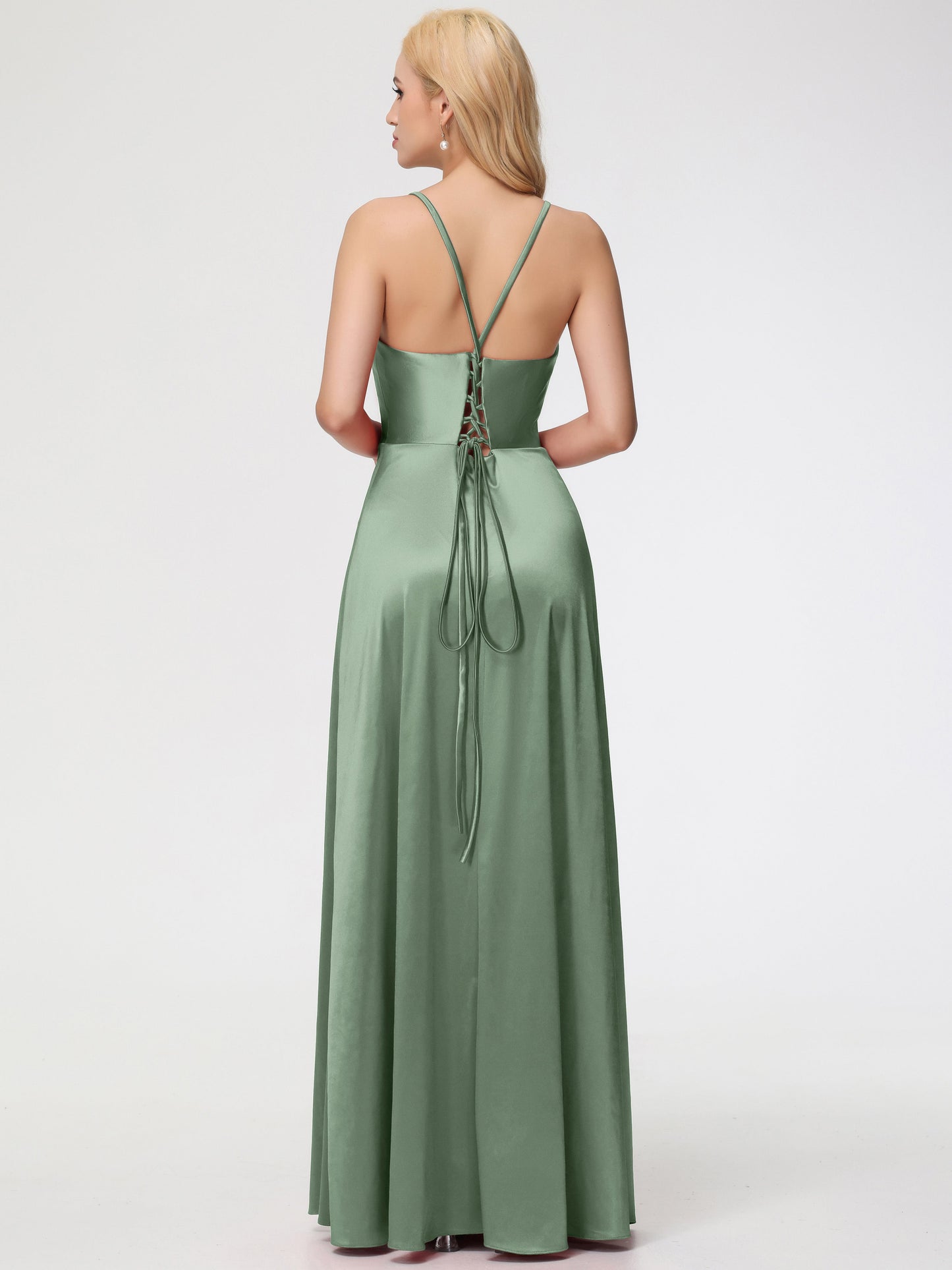 Bridesmaid Dresses Dusty Sage Halter Straps V-Neck Lace Up Back Stretch Satin Bridesmaid Dress With Slit
