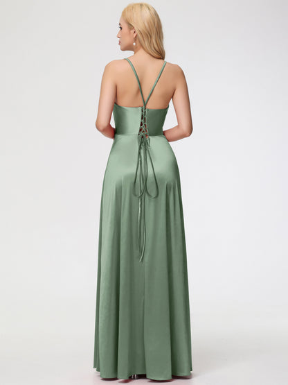 Bridesmaid Dresses Dusty Sage Halter Straps V-Neck Lace Up Back Stretch Satin Bridesmaid Dress With Slit