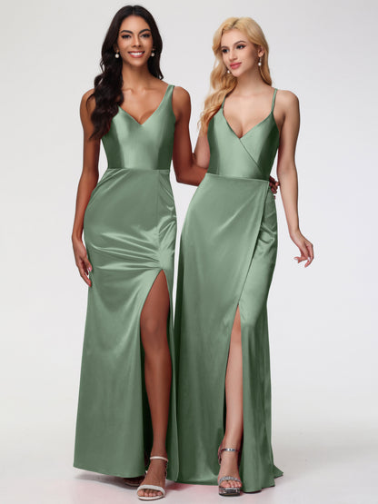 Bridesmaid Dresses Dusty Sage Halter Straps V-Neck Lace Up Back Stretch Satin Bridesmaid Dress With Slit