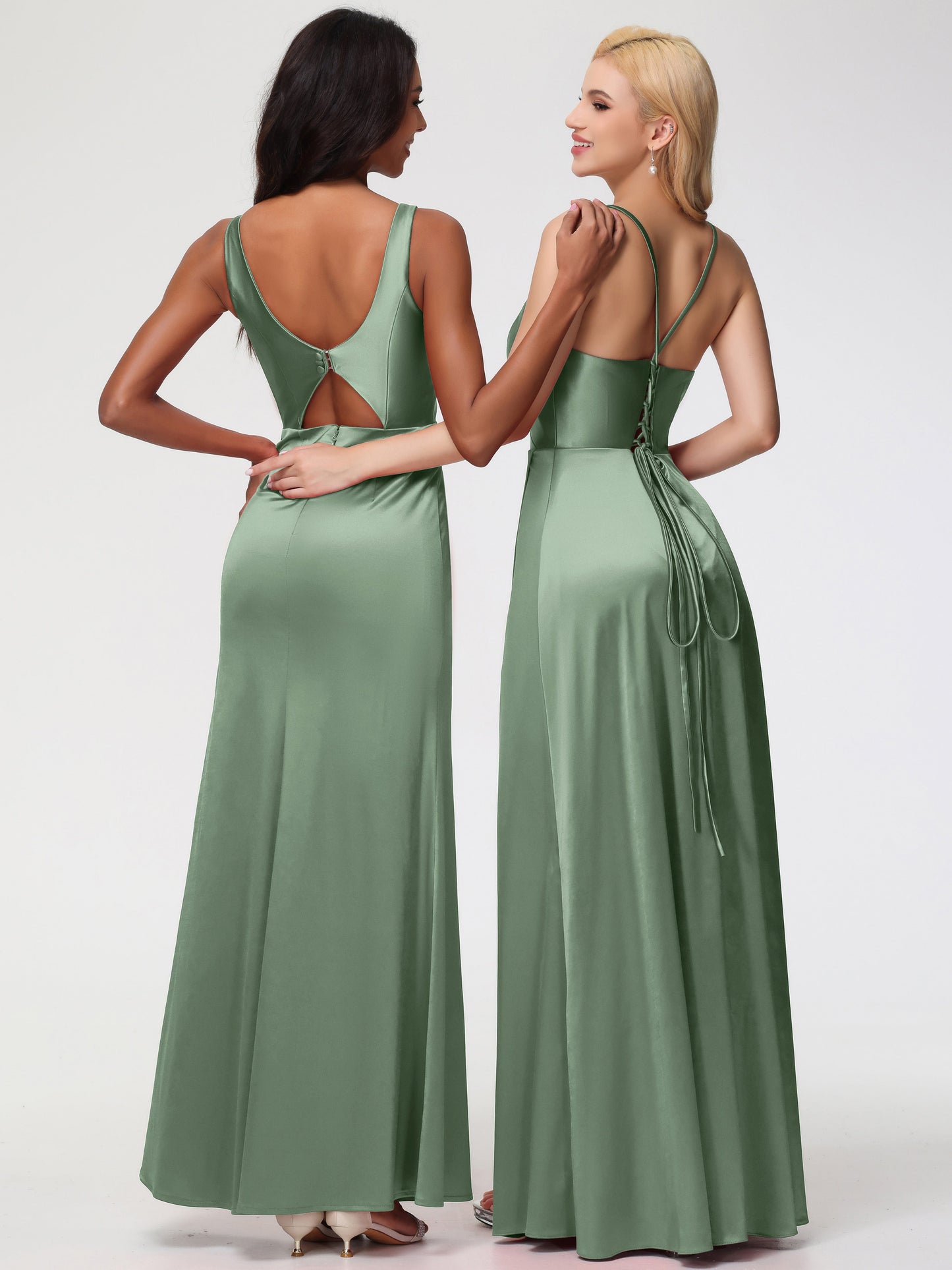 Bridesmaid Dresses Dusty Sage Halter Straps V-Neck Lace Up Back Stretch Satin Bridesmaid Dress With Slit