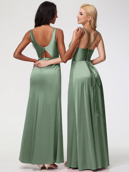 Bridesmaid Dresses Dusty Sage Halter Straps V-Neck Lace Up Back Stretch Satin Bridesmaid Dress With Slit