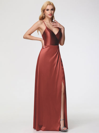 Bridesmaid Dresses Rust Halter Straps V-Neck Lace Up Back Stretch Satin Bridesmaid Dress With Slit