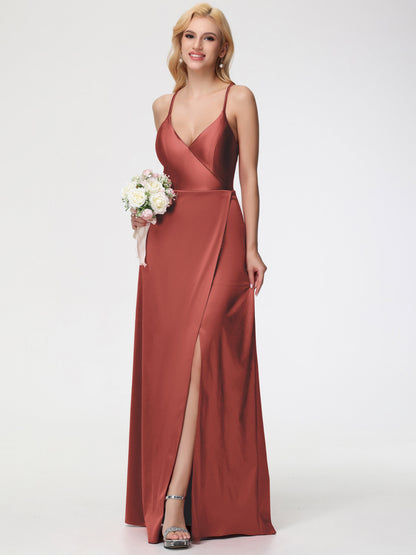 Bridesmaid Dresses Rust Halter Straps V-Neck Lace Up Back Stretch Satin Bridesmaid Dress With Slit