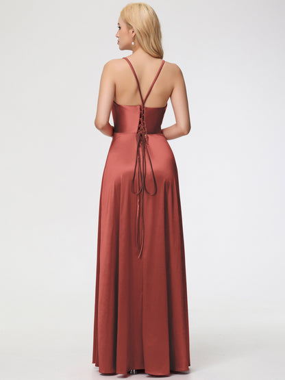 Bridesmaid Dresses Rust Halter Straps V-Neck Lace Up Back Stretch Satin Bridesmaid Dress With Slit