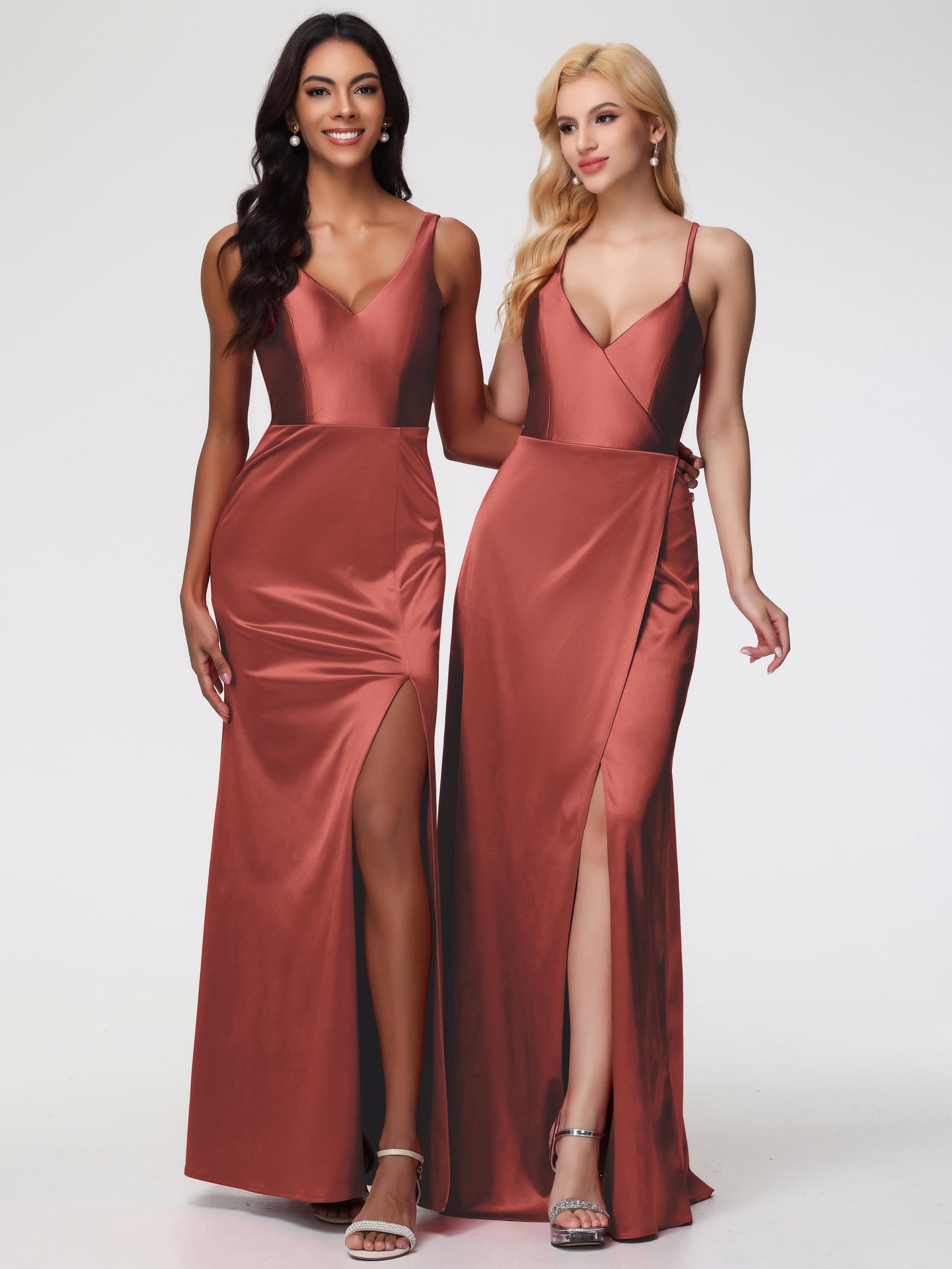 Bridesmaid Dresses Rust Halter Straps V-Neck Lace Up Back Stretch Satin Bridesmaid Dress With Slit