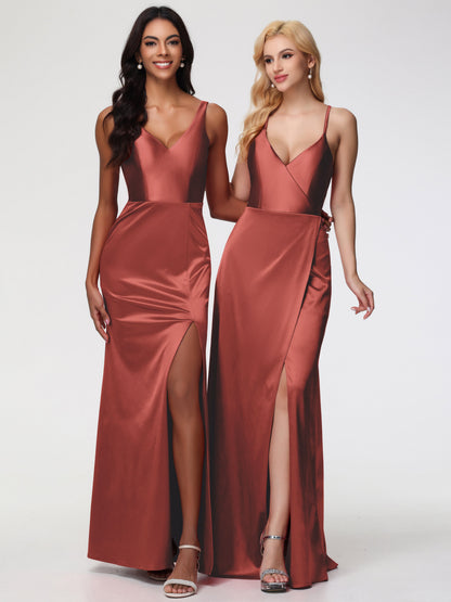 Bridesmaid Dresses Rust Halter Straps V-Neck Lace Up Back Stretch Satin Bridesmaid Dress With Slit
