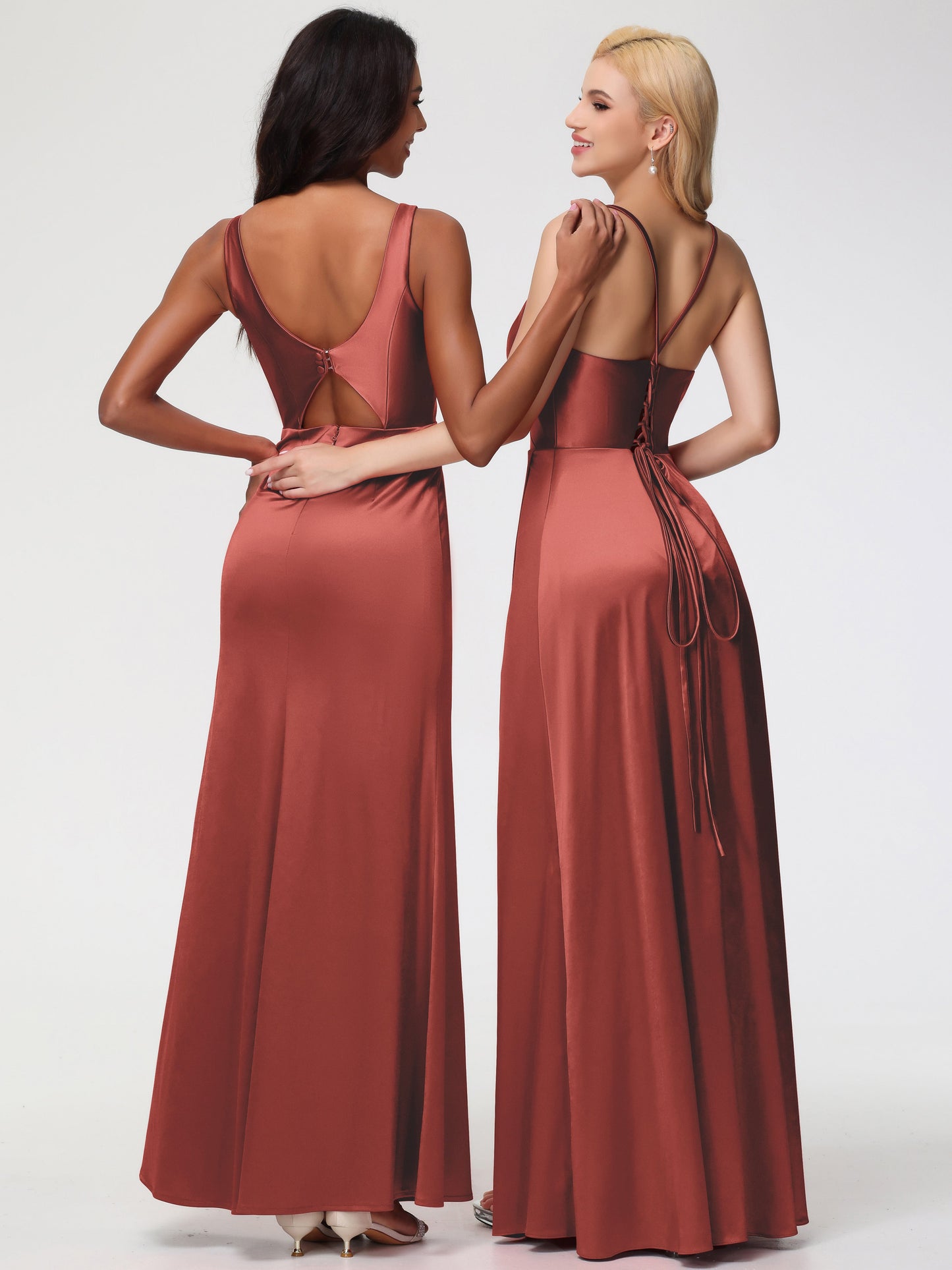 Bridesmaid Dresses Rust Halter Straps V-Neck Lace Up Back Stretch Satin Bridesmaid Dress With Slit