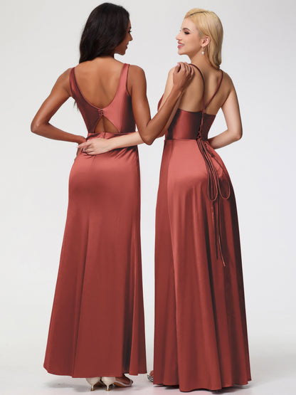Bridesmaid Dresses Rust Halter Straps V-Neck Lace Up Back Stretch Satin Bridesmaid Dress With Slit