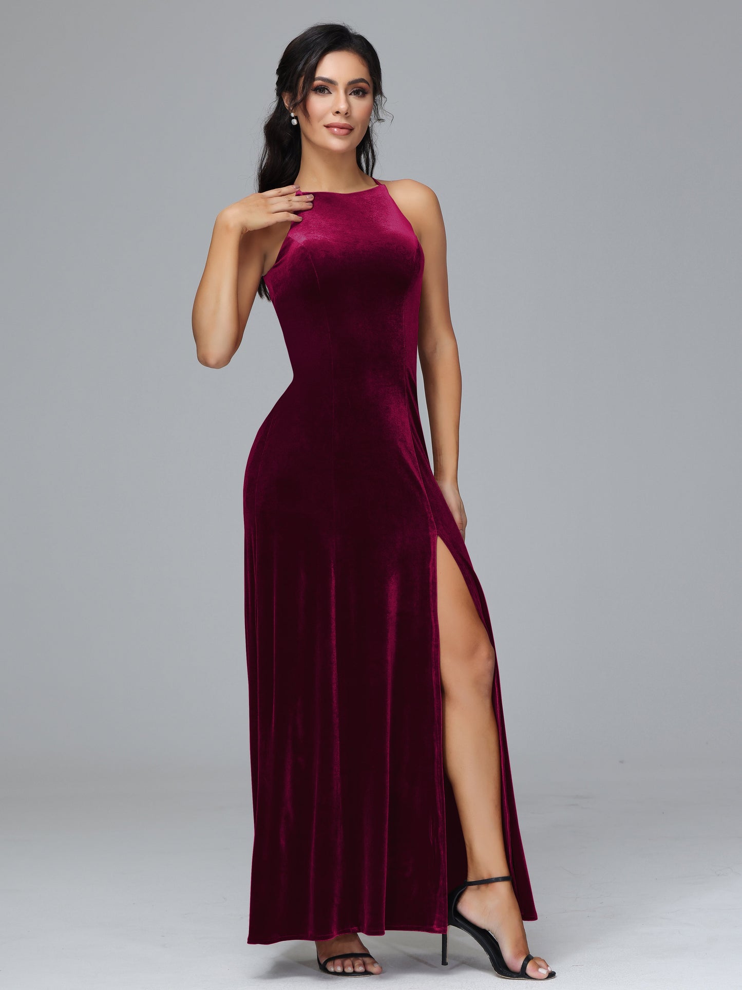 Halter Open Back Plus Size Velvet Bridesmaid Dress