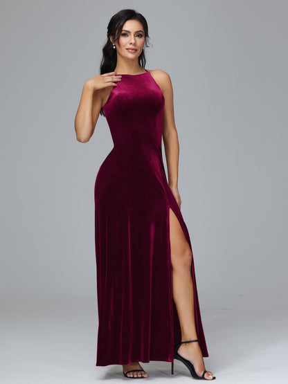 Halter Open Back Plus Size Velvet Bridesmaid Dress