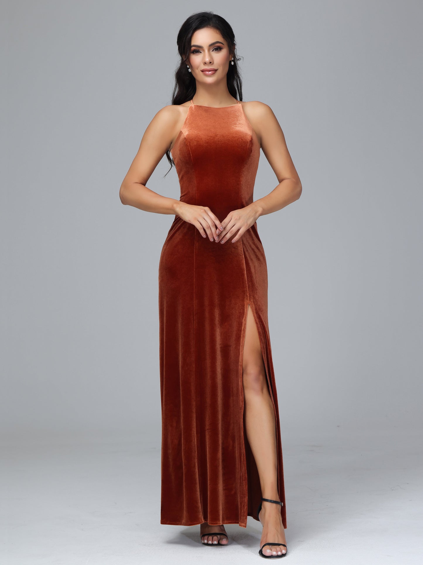 Halter Open Back Plus Size Velvet Bridesmaid Dress
