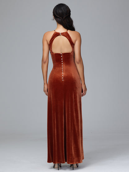 Halter Open Back Plus Size Velvet Bridesmaid Dress