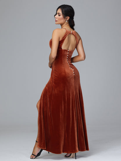 Halter Open Back Plus Size Velvet Bridesmaid Dress