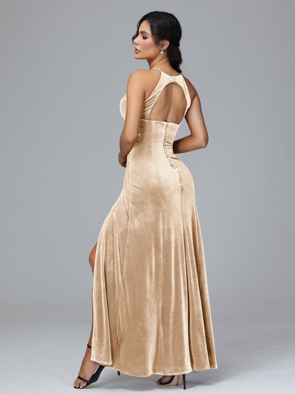 Halter Open Back Plus Size Velvet Bridesmaid Dress