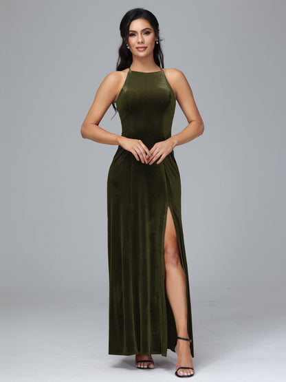 Halter Open Back Plus Size Velvet Bridesmaid Dress
