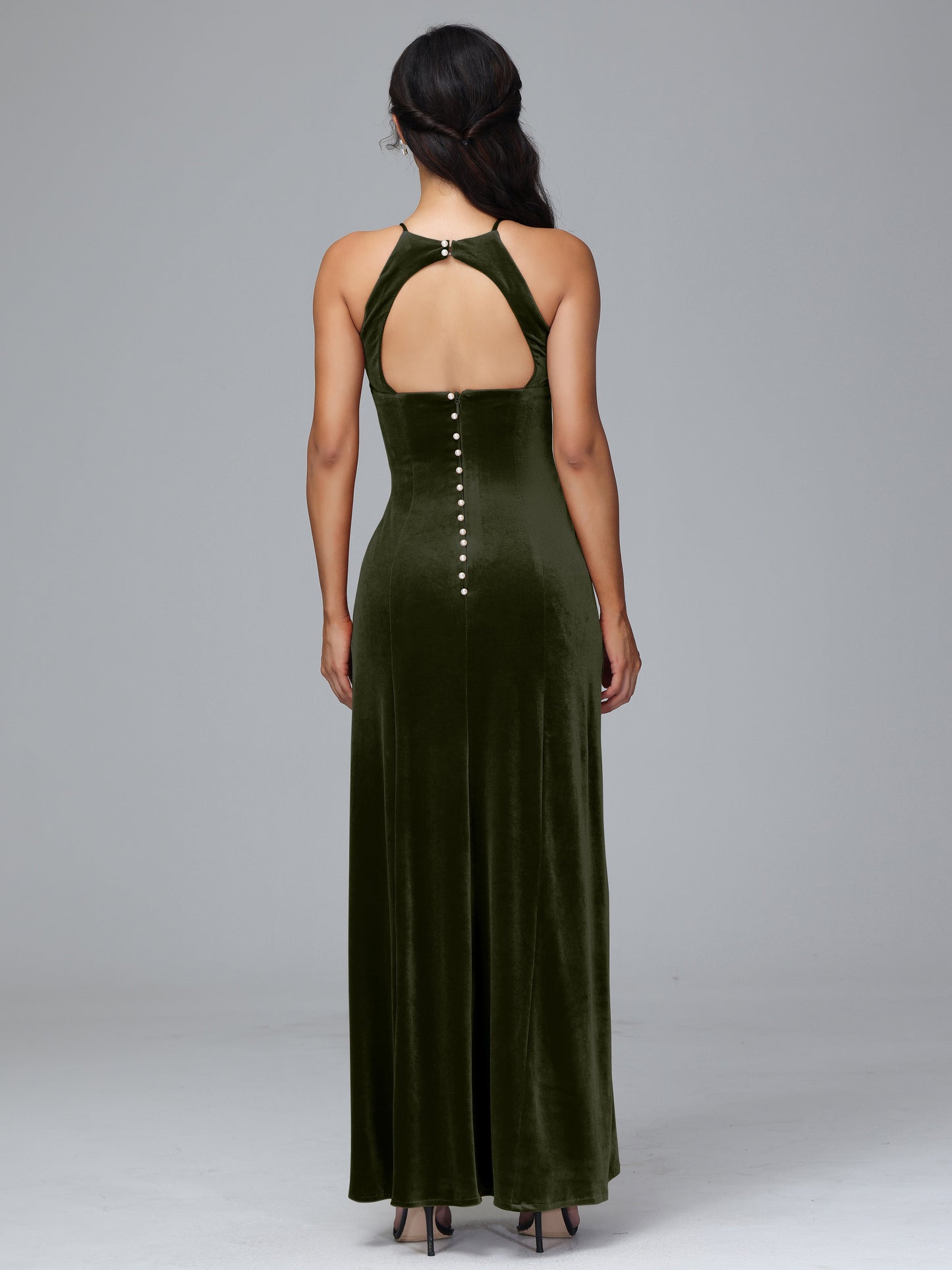 Halter Open Back Plus Size Velvet Bridesmaid Dress