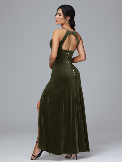 Halter Open Back Plus Size Velvet Bridesmaid Dress