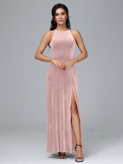 Halter Open Back Plus Size Velvet Bridesmaid Dress