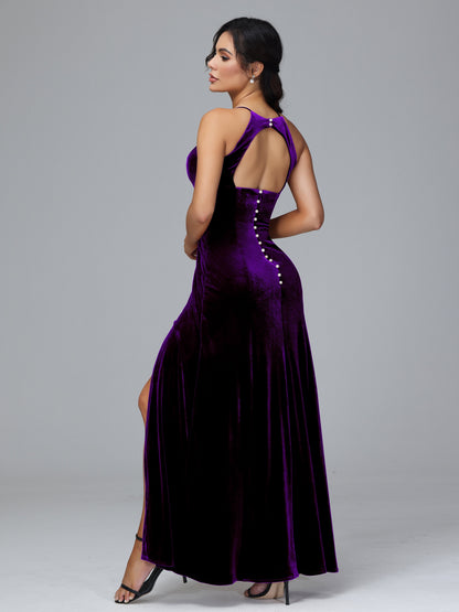 Halter Open Back Plus Size Velvet Bridesmaid Dress